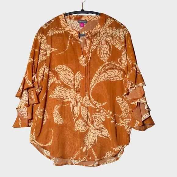 Vince Camuto Pintucked Ruffle Cuff Semi Sheer V-Neck Boho Blouse Orange Medium - Picture 3 of 12